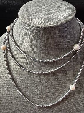 Layered Silver Hematite and Pearl Necklace